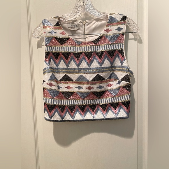 Bebe Sequined Covered Aztec Motif Sleeveless Crop Top w Matching Mini Skirt - Picture 7 of 11